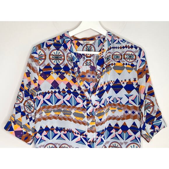 Tucker Geometric Southwestern 100% Silk Short Sleeve Mini Dress Multi Women's M - Picture 2 of 11
